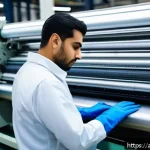 Home 21 섬유기사 자격증과 취업 연계 - A skilled textile technician in a modern Middle Eastern factory setting, wearing a neat uniform and ...