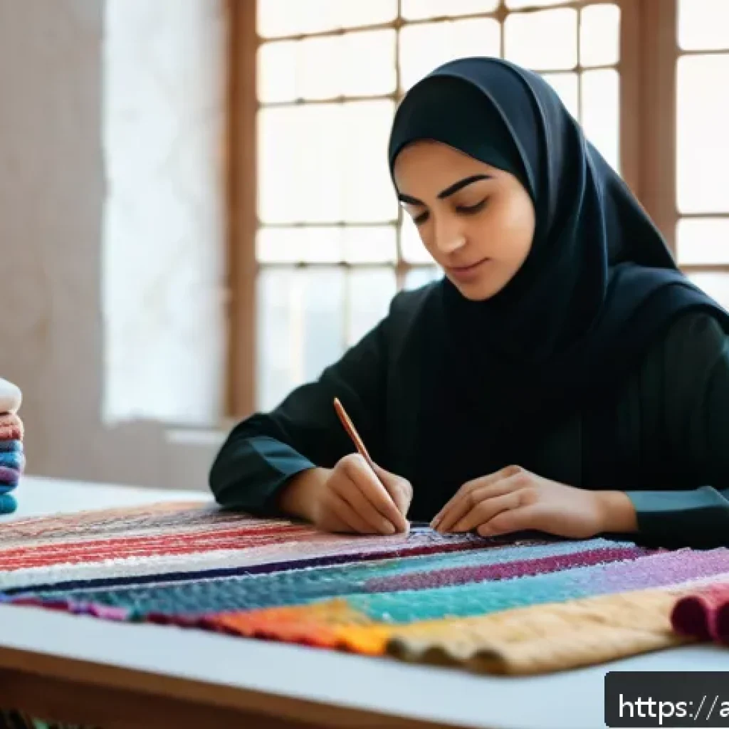 섬유기사와 실기시험의 중요 포인트 - A focused young Arabic woman wearing modest professional attire, sitting at a neatly organized desk ...