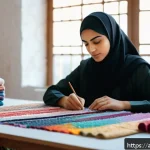Home 20 섬유기사와 실기시험의 중요 포인트 - A focused young Arabic woman wearing modest professional attire, sitting at a neatly organized desk ...