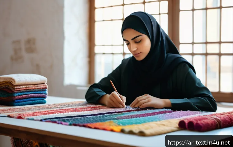 섬유기사와 실기시험의 중요 포인트 - A focused young Arabic woman wearing modest professional attire, sitting at a neatly organized desk ...