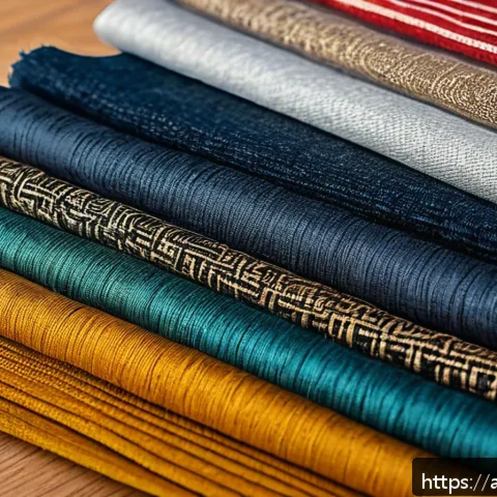 섬유기사 필기 과목별 분석 - A highly detailed close-up image of diverse fabric samples laid out on a traditional Middle Eastern ...