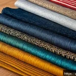 Home 19 섬유기사 필기 과목별 분석 - A highly detailed close-up image of diverse fabric samples laid out on a traditional Middle Eastern ...