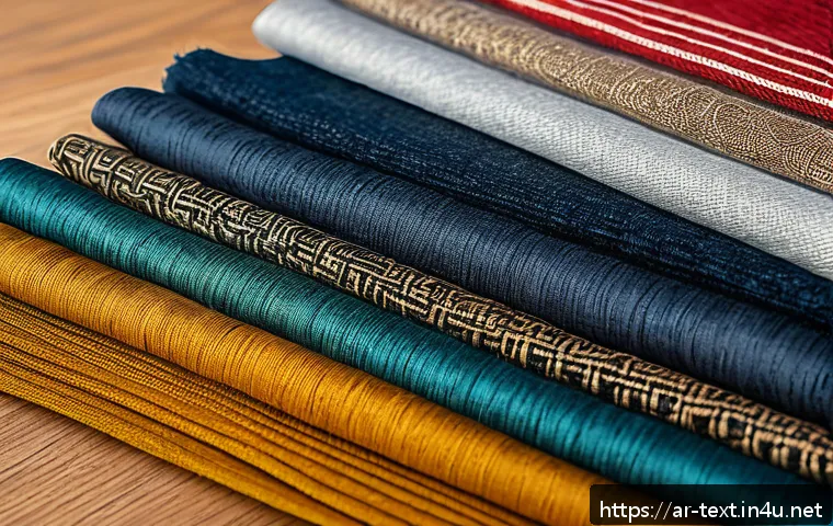 섬유기사 필기 과목별 분석 - A highly detailed close-up image of diverse fabric samples laid out on a traditional Middle Eastern ...