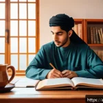 Home 23 섬유기사 시험 준비 동기부여 - A serene morning study scene set in a modern Arabic-style room with large windows letting in soft su...