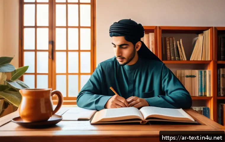 섬유기사 시험 준비 동기부여 - A serene morning study scene set in a modern Arabic-style room with large windows letting in soft su...