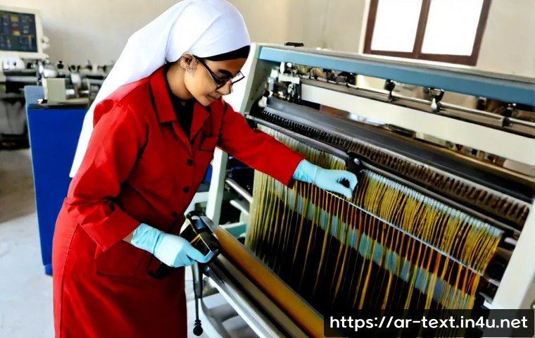 섬유기사 자격증 활용과 산업 적용 - Photorealistic textile engineer in modest professional workwear and safety glasses inspecting woven ...