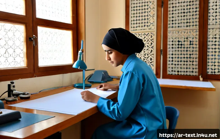 Home 17 섬유기사와 직업별 시험 연계 - Photorealistic textile engineering student in modest professional clothing, seated at a clean examin...