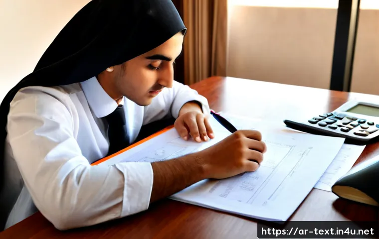 섬유기사와 필기시험 출제 경향 - Photorealistic Arab textile engineering student in modest professional attire studying for a written...